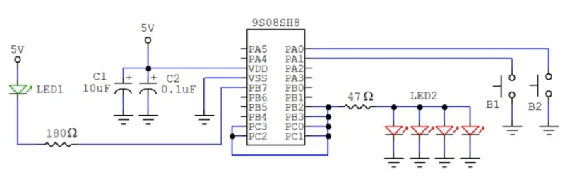 NXP 的 9S08SH8 微控制器的 GPIO 應(yīng)用。沒(méi)有外部振蕩器